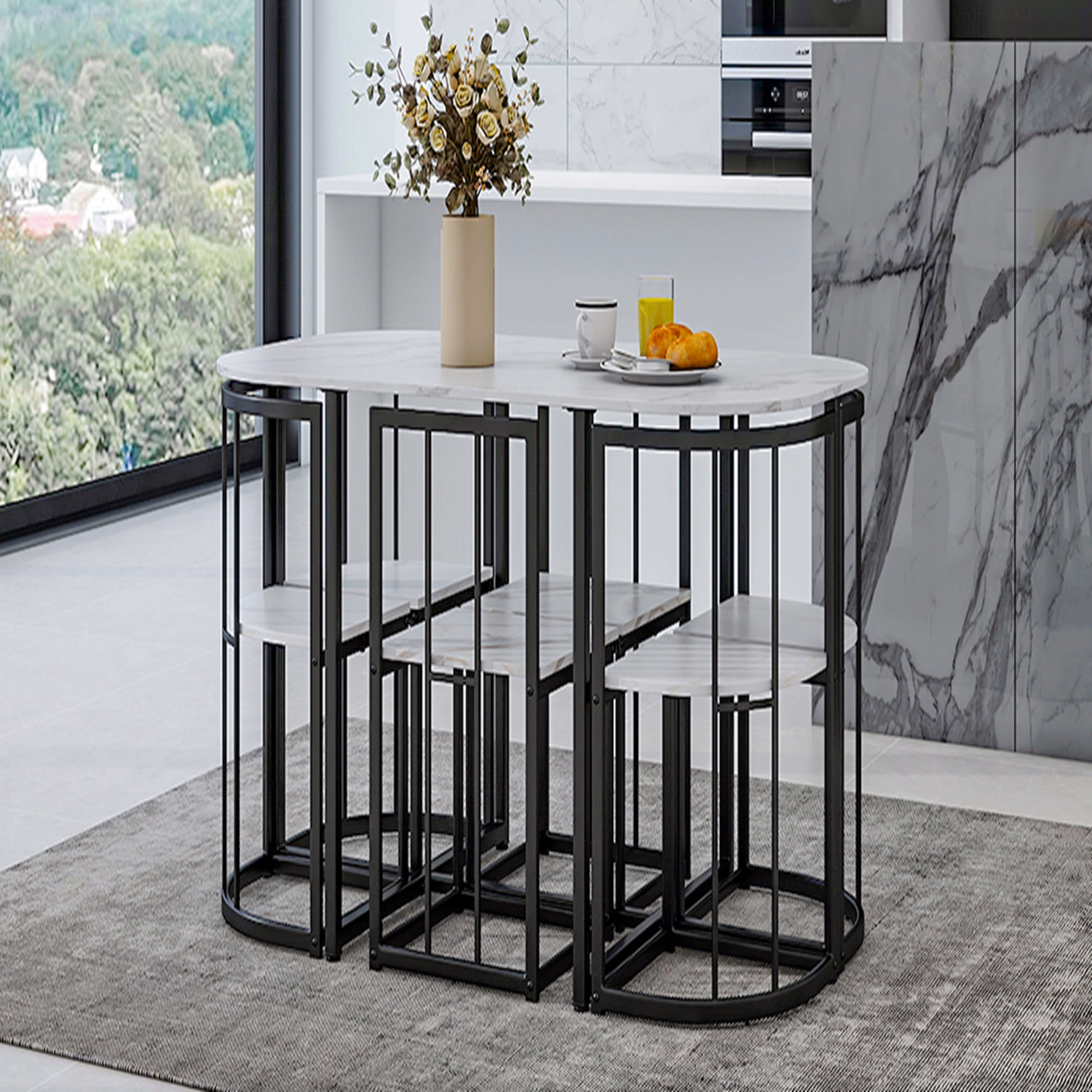 Ivy Bronx Modern 7-Piece Dining Table Set With Faux Marble Compact ...