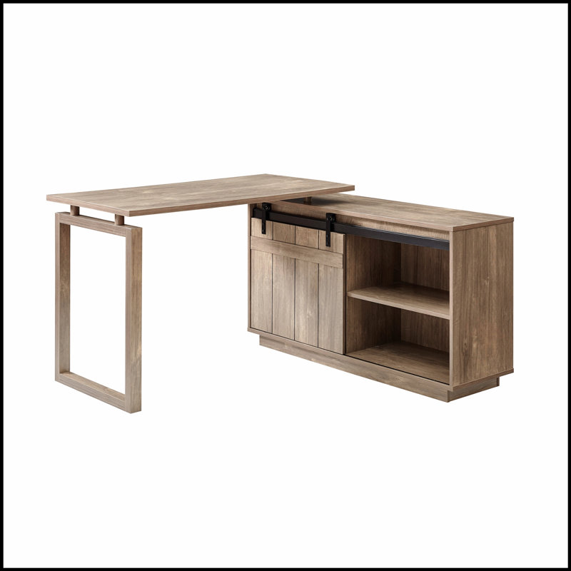 Poste de travail en L avec crédence de rangement, porte de grange coulissante et conception réversible pour bureau à domicile au fini noisette