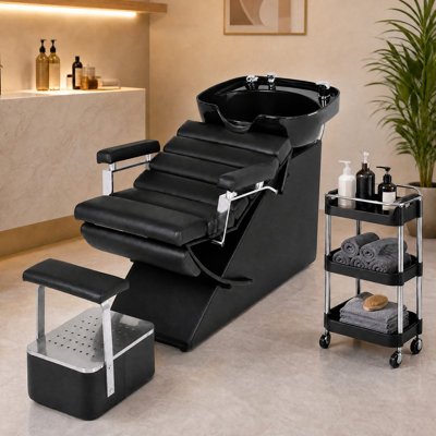 Table de shampoing flottante moderne pour salon de coiffure avec repose-pieds et bassin en ABS, capacité de 250 kg, revêtement en cuir PU imperméable, noir avec accents dorés