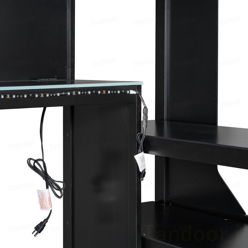 Lit mezzanine double avec bureau intégré et lumières, base de lit en bois moderne avec bureau et station de charge intégrée