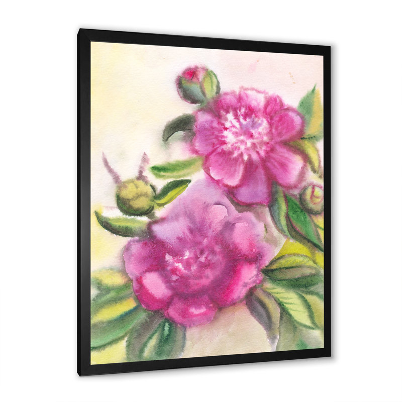 Violet pivoines en fleurs - art sur toile traditionnel, Impression noire sur toile encadrée, H 20 po x l 12 po x P 1,5 po