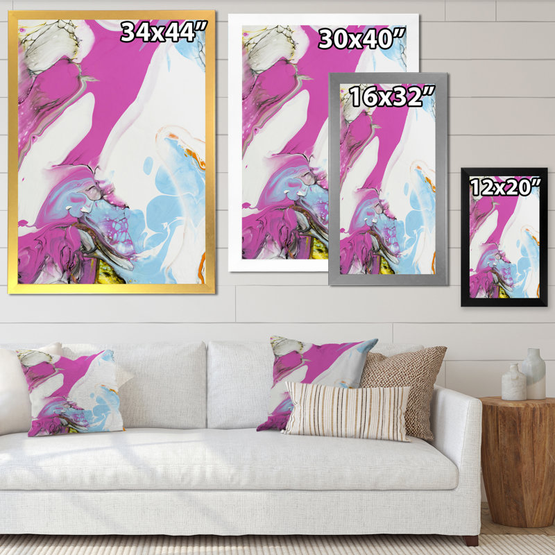 Rose, bleu et jaune liquide Art IV - peinture sur toile, H 20 po x l 12 po x P 1 po, Cadre de coin argenté fermé