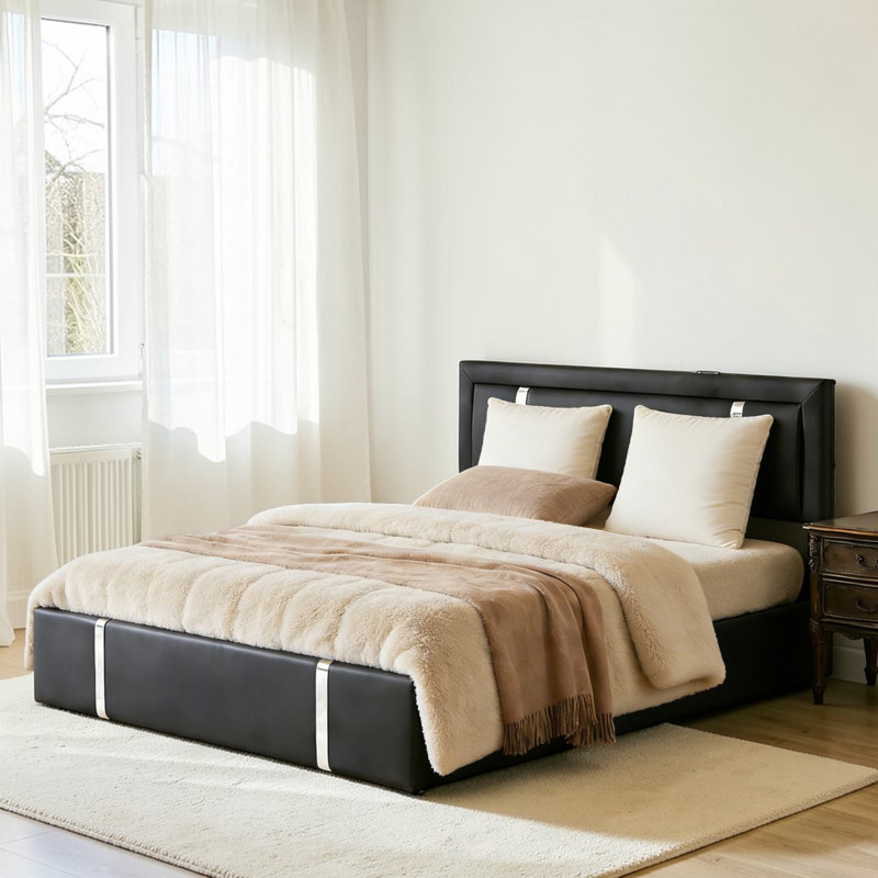 Lit plateforme tapissier noir avec grand lit et rangement avec tête de lit à DEL réglable, ports de charge USB-C, support hydraulique