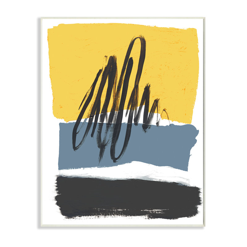 Motif abstrait sur des formes vibrantes jaune bleu, H 19 po x l 13 po, Plaque murale