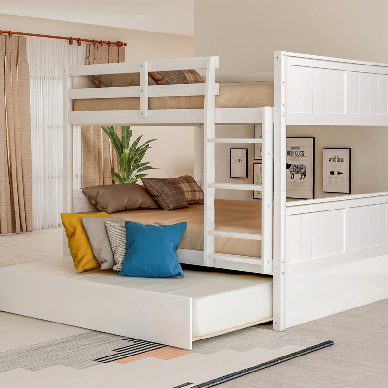 Lit superposé double / double avec gigogne simple, structure en pin massif, conversion facile, aucun sommier requis, Blanc
