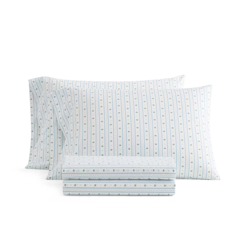 Martha Stewart Cotton Percale  Sheet Set, King Sheet Set with 2 Pillowcases, Floral Stripe Blue