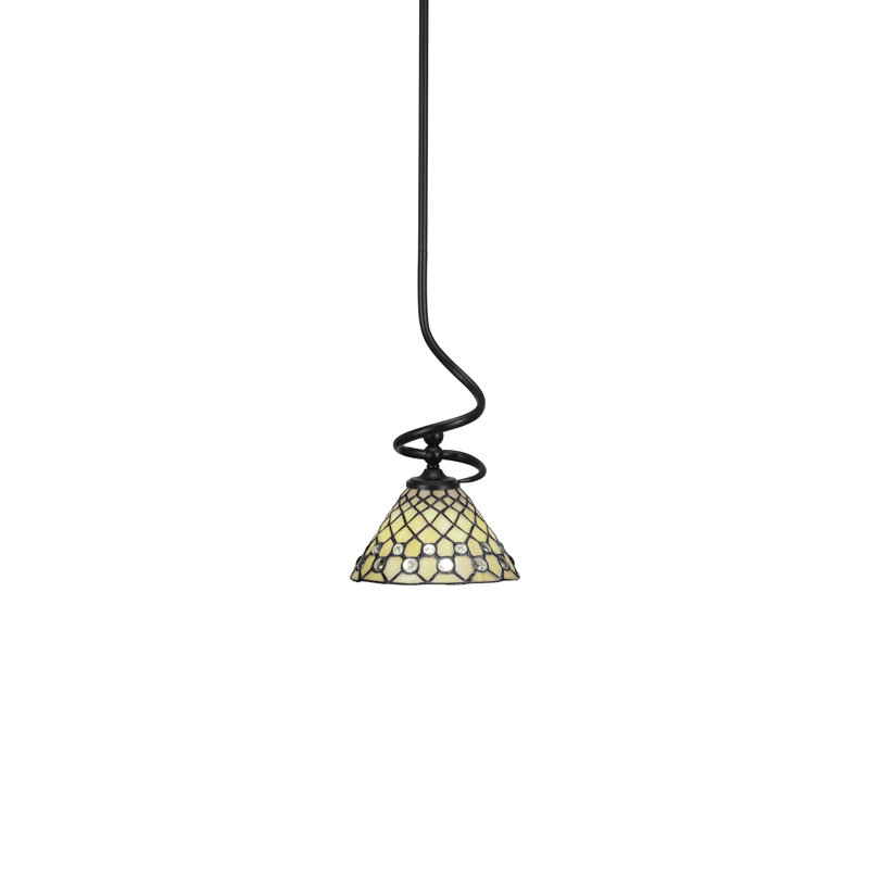Capri Stem Hung Mini Pendant Shown In Matte Black Finish With 7" Starlight Art Glass