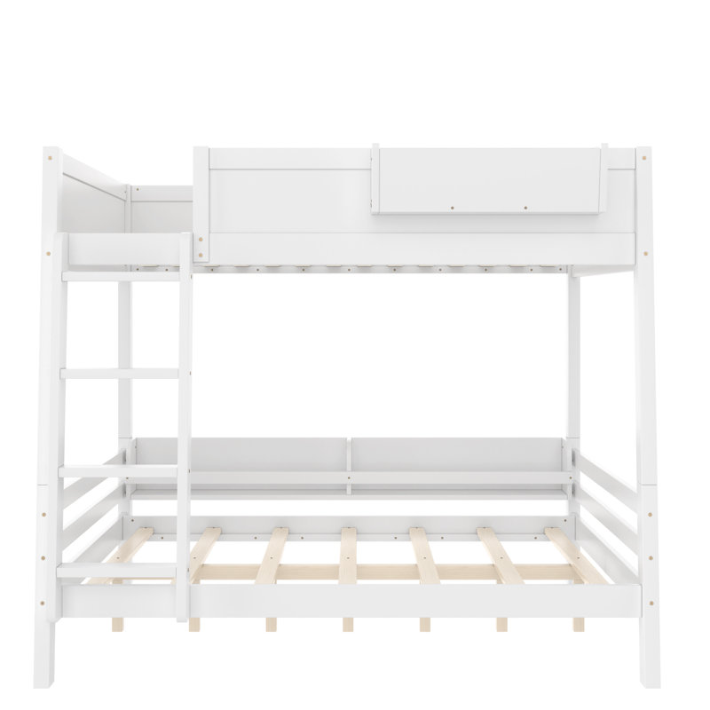 Full Wood Bunk Bed with Storage Shelf and Bookshelf, Detachable Bunk Bed Frame with Ladder and Guardrails, White, White
