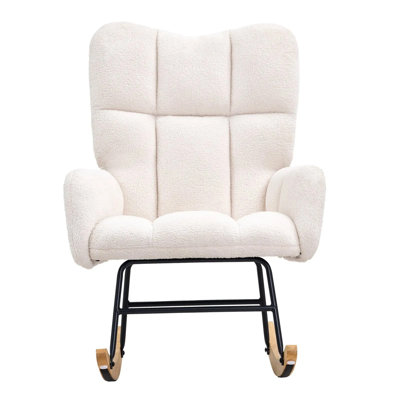 Rocking Chair Nursery, Glider Rocking Chair with Soft Seat and High Backrest, 250 lbs Weight Capacity Teddy Fabric, Upholstered Glider Rocker Chair for Nursery, Bedroom, Living Room, Ivory White