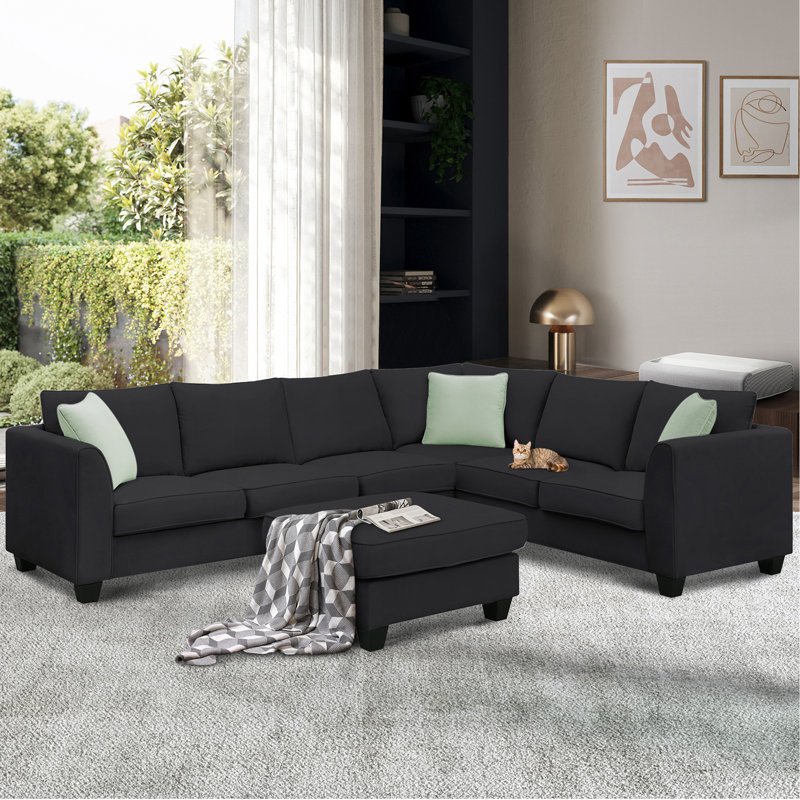 Ensemble de canapé modulaire de 112 po x 87 po avec canapé-lit modulaire 7 places avec repose-pieds, ensemble de canapé d'angle en tissu en L avec 3 coussins, noir