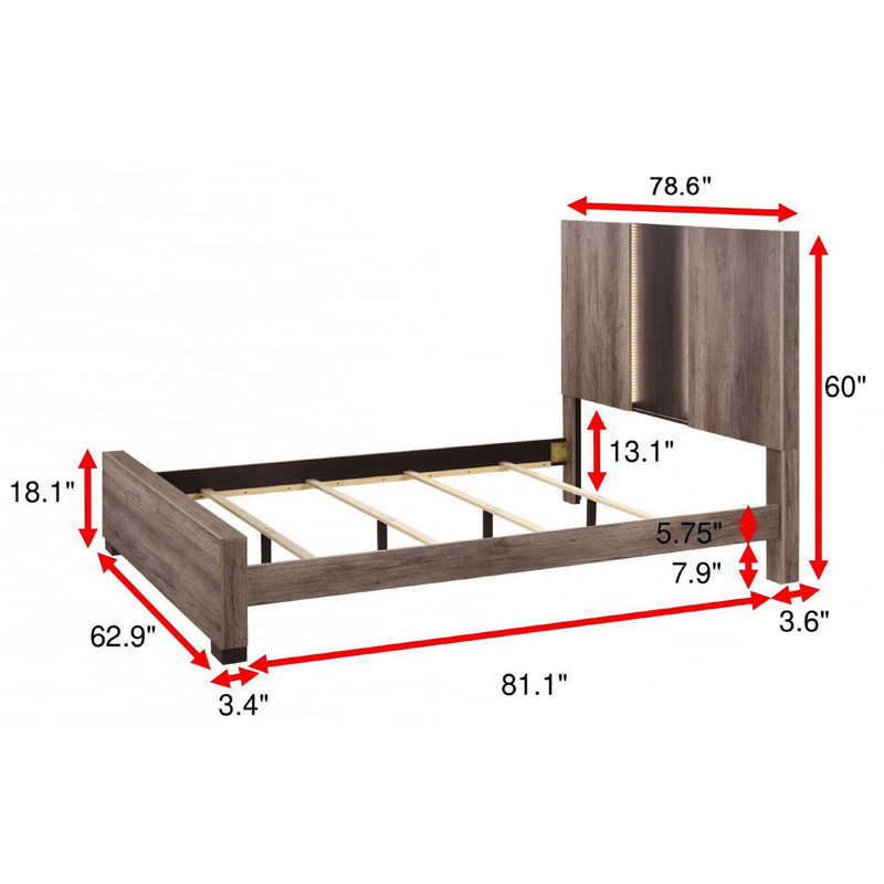 Panel LED Light Headboard Bed 1pc(Only Bed), Brown, King