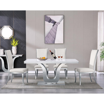 Glam 7 Piece White And Silver Dining Table Set With 6 White Velvet Dining Chairs