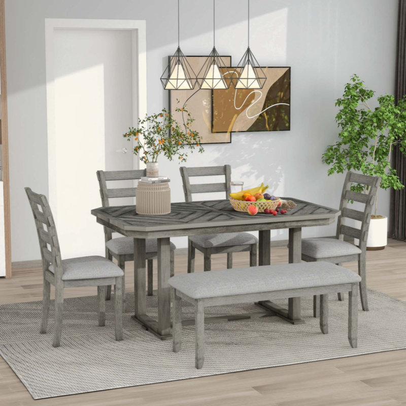 Ensemble de table de salle à manger 6 pièces en bois d'hévéa avec placage en bois massif et coussin moelleux, Gris, Gris