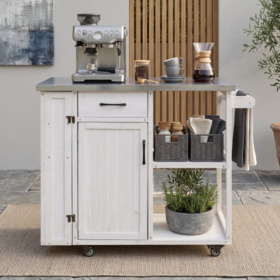 Outdoor Kitchen Island Prep Station with Stainless Steel Worktop, Lockable Wheels, Cabinet, Drawer and Open Shelves