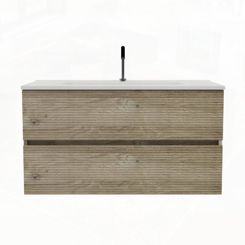 Meuble-lavabo mural avec lavabo en céramique intégré et trop-plein, Chêne