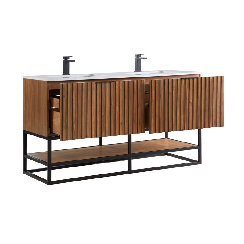 Terra 60'' W Double Vanity, Walnut, White Quartz/Single Faucet Mount, Matte Black