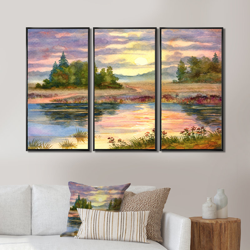 Coucher de soleil sur le lac I - ensemble d'art mural sur toile traditionnel encadré de 3, H 28 po x l 36 po