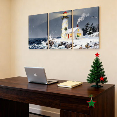 Phare de Noël et chalet enneigé scène d'hiver sur toile tendue sur toile, ensemble de 3