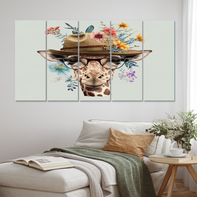 Portrait de girafe avec des lunettes et un chapeau I - animaux, impression sur toile girafe - 5 panneaux égaux