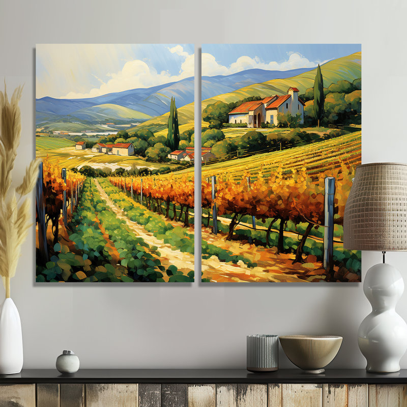 «Vangogh Sunlit Vineyard II» - art mural traditionnel jaune 2 panneaux, 36" H x 48" W, Wrapped Canvas, Does Not Apply