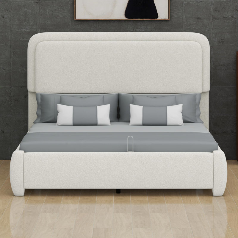 Modern Platform Bed with Customizable Curved Cloud Headboard and Bouclé Upholstery