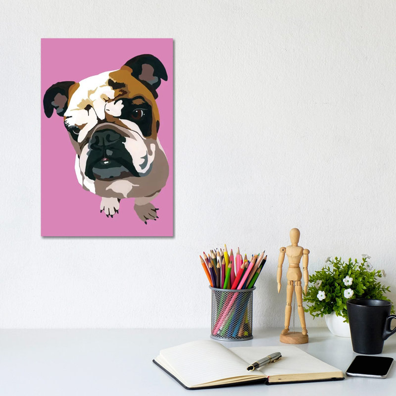 Bulldog On Pink by Julie Ahmad - Wrapped Canvas Print, 20.32 cm H x 30.48 cm W