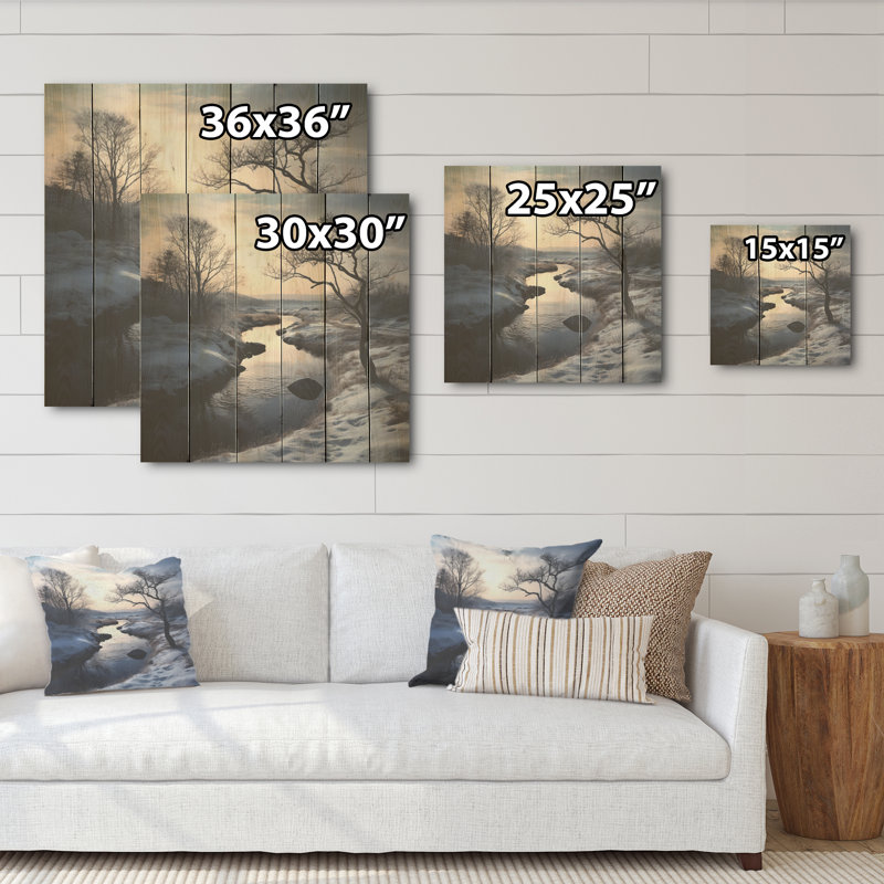 «River Winter Scenery Tranquility - Lake River», art mural sur bois de pin naturel, H 25 po x l 25 po