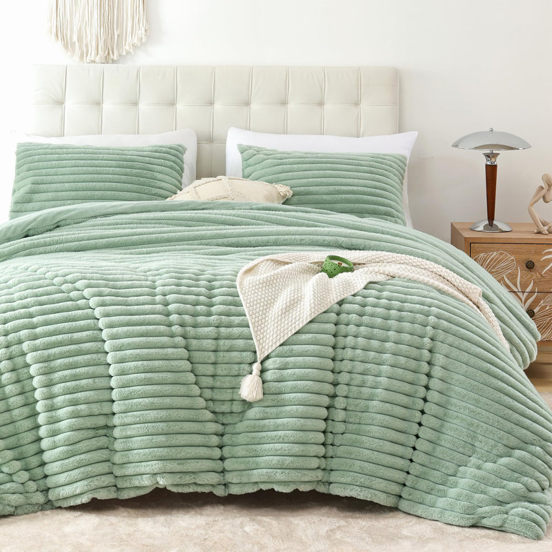 Fluffy Comforter Set 3 Pieces- All Seasons Heavy Faux Fur Comforter With Two Pillowcases, Sage Green