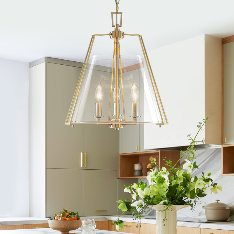 15.75 In. 3-Light Modern Gold Chandelier Hanging Pendant Light With Cone Clear Glass Shade