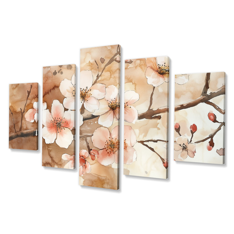 Art mural, fleur de cerisier brun, toile florale, fleurs de cerisier avec aquarelle brune terreuse 5 pièces