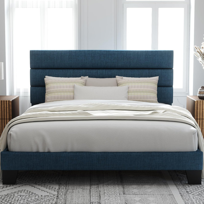 Structure de lit plateforme avec tête de lit tapissier en tissu et support en lattes de bois, Bleu, Roi