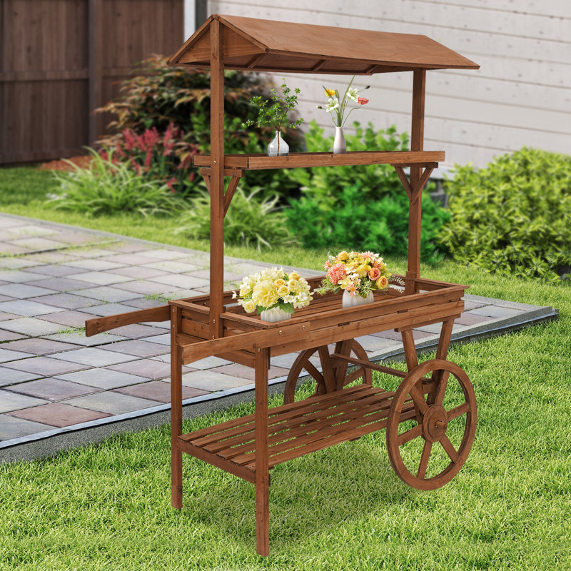 Wood Rolling Cart Retro Indoor Display Rack With Wheels For Flowers, Potted Plants, Brown