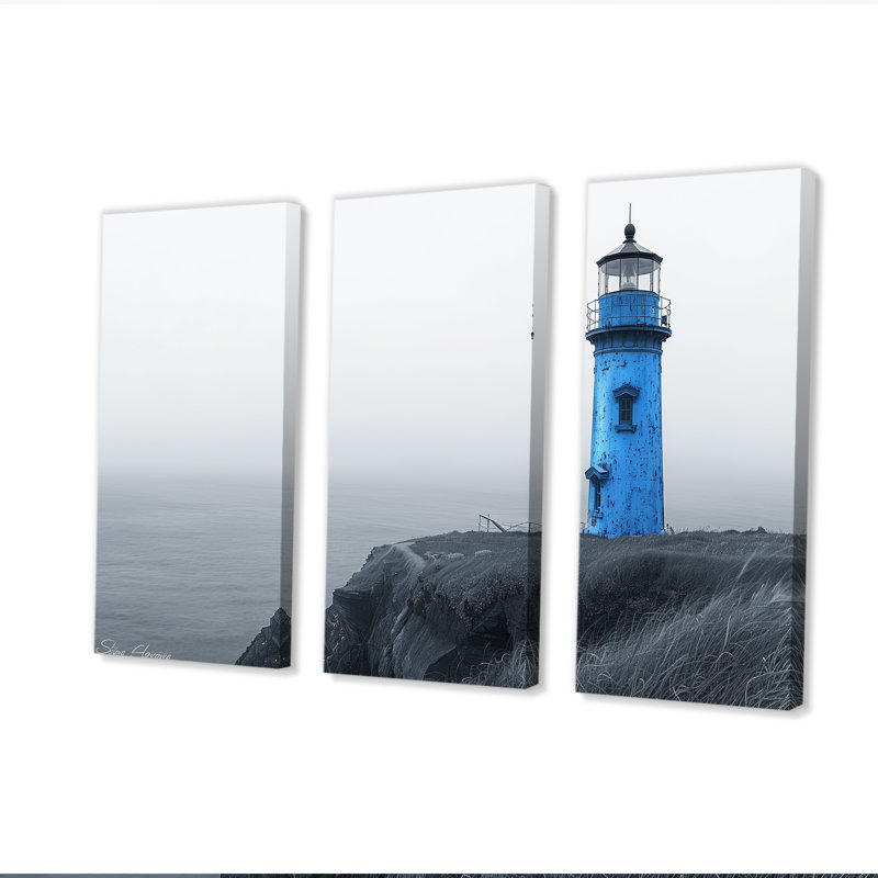 Ensemble de reproductions d'art murales bleues avec phare monochrome en hiver III, Toile tendue, H 40 po x l 60 po x P 1 po