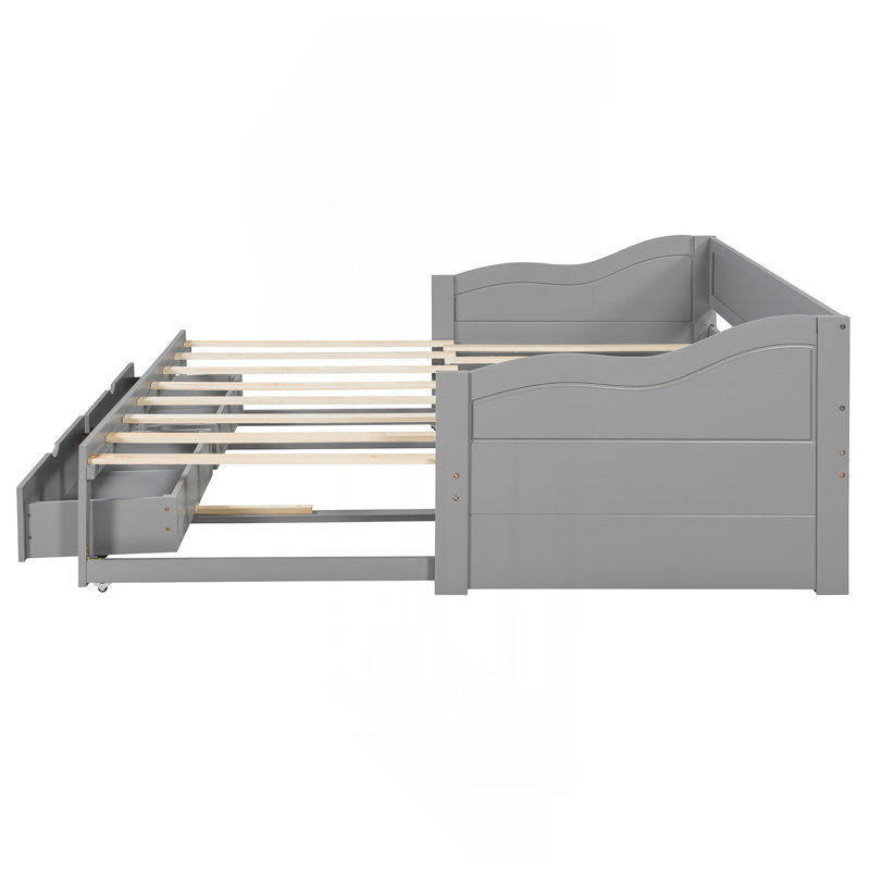 Wooden Daybed With Trundle Bed And Two Storage Drawers , Extendable Bed Daybed,Sofa Bed With Two Drawers, Gray, Gray