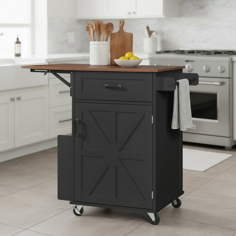Black Farmhouse-Style Kitchen Island With Folding Tabletop, Storage Drawers, Open Side Shelf, Towel Rack, Lockable Wheels, And Rolling Trolley.