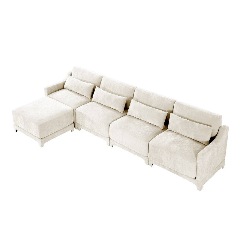 Canapé modulaire blanc en chenille modulaire 4 places avec 1 repose-pieds mobile, salon moderne