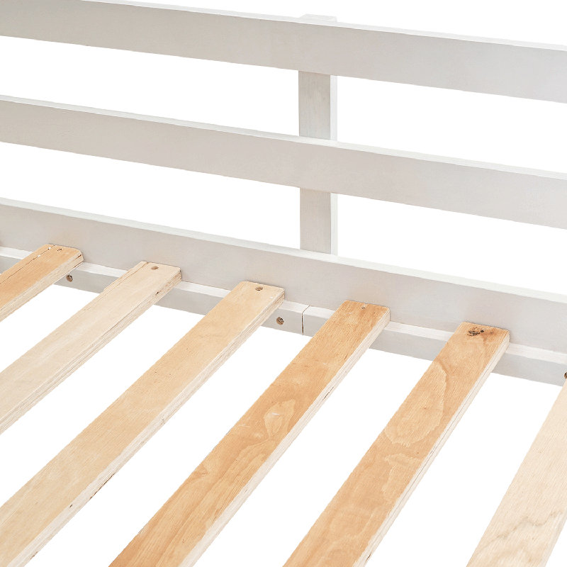 Lit superposé double en bois avec toit, échelle et toboggan, blanc et brun