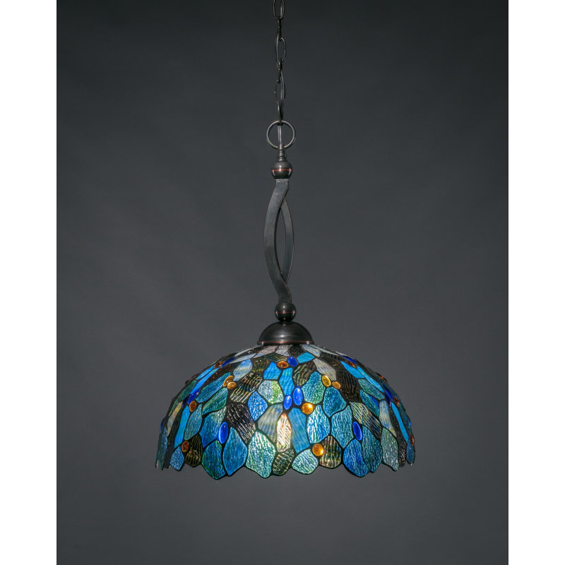 Bow Chain Hung Pendant Glass, Brushed Nickel, 22.75", Blue Mosaic Tiffany