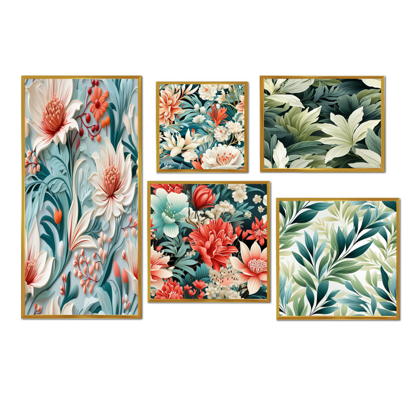 Nigan - Ensemble de 5 impressions sur toile tropicales, Cadre flottant doré