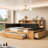 Full Size Wood Daybed with Trundle, Storage Shelves, Bench & Charging Station, Upholstered Headboard, Natural Color+Black Cushion-1485688544