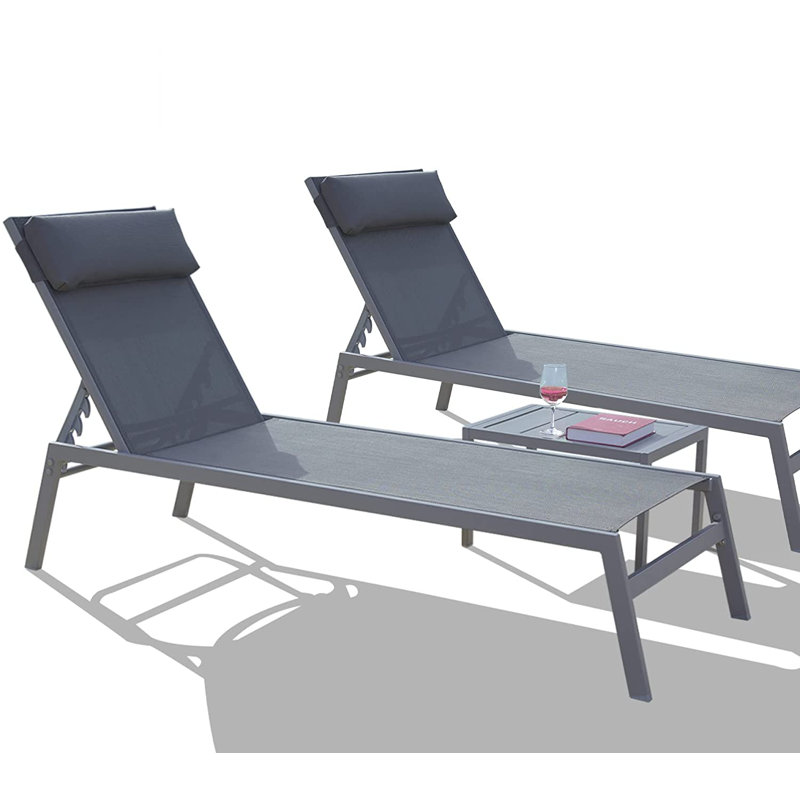 Adjustable Reclining Metal Outdoor Chaise Lounge with Table (Set of 3) , Gray
