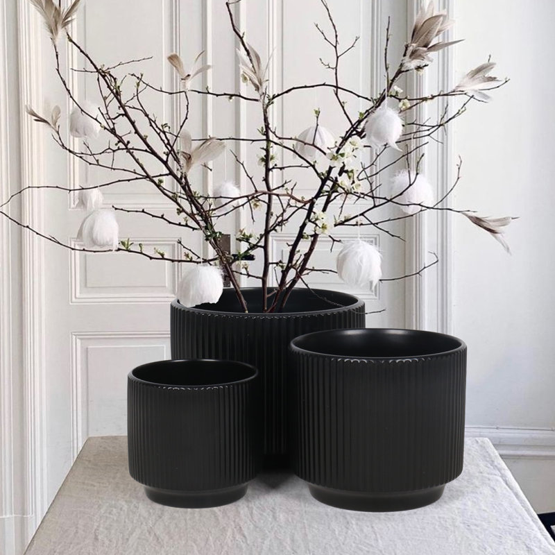 Ensemble de 3 pots à fleurs modernes en céramique nervurée avec trous de drainage, noir, Black