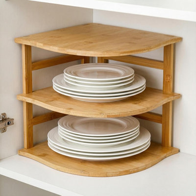 3-Tier Bamboo Corner Shelf, Kitchen Countertop Storage Organizer, Cabinet Plate Rack for Pantry Organization, Bathroom, Desktop, 9.5 x 9.5 x 9.5 Inch