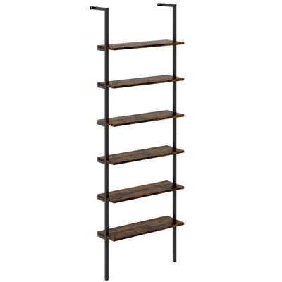 6-Tier Industrial Ladder Bookshelf Wall Mounted, Metal Wood Shelf, 72 in Tall, Heavy Duty 265 lb Capacity, Rustic Brown