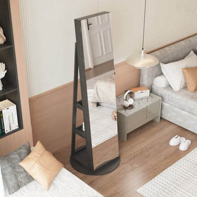 360°Swivel Jewelry Cabinet with Full Length Mirror, 360°Rotating Standing Jewelry Armoire Organizer, Lockable Storage Cabinet, Interior Lighted Mirror, Black