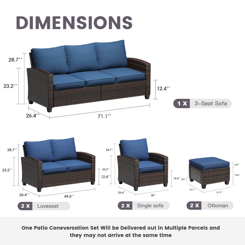 Ensemble de conversation 7 pièces avec coussins 7 pièces, Structure brune / coussin bleu ardoise