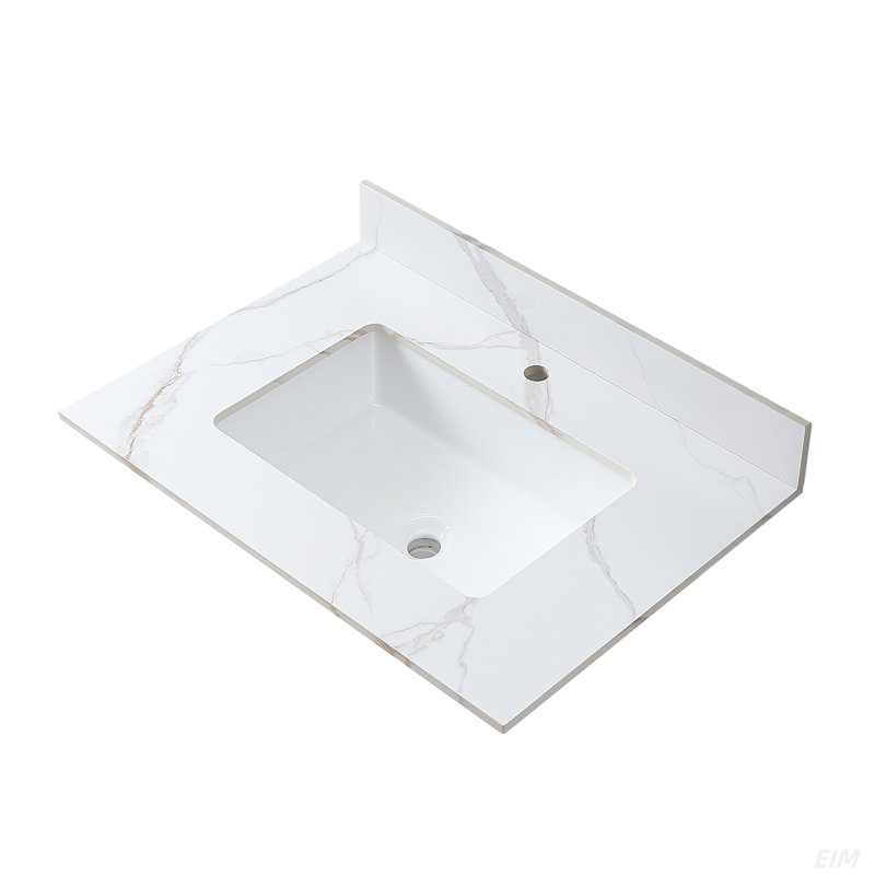 Dessus de meuble-lavabo en pierre de 31 pouces de couleur or de Carrare avec lavabo en céramique encastré et trou de robinet simple avec dosseret
