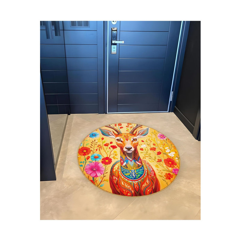 Tapis rond tissé à la machine à motif de cerfs orange lavable à la machine