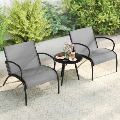 3 Piece Patio Chair Set Metal Aluminum Wide Armchair & Table Set-Grey