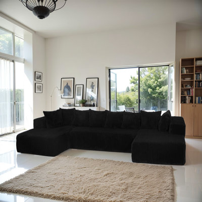 Modular U-Shaped Sectional Sofa,130-Inch 4-Seater Chaise Lounge With Reversible Design, Striped Corduroy Fabric In BLACK – Customizable Living Room Or Bedroom Couch, Freely Configurable Layout.